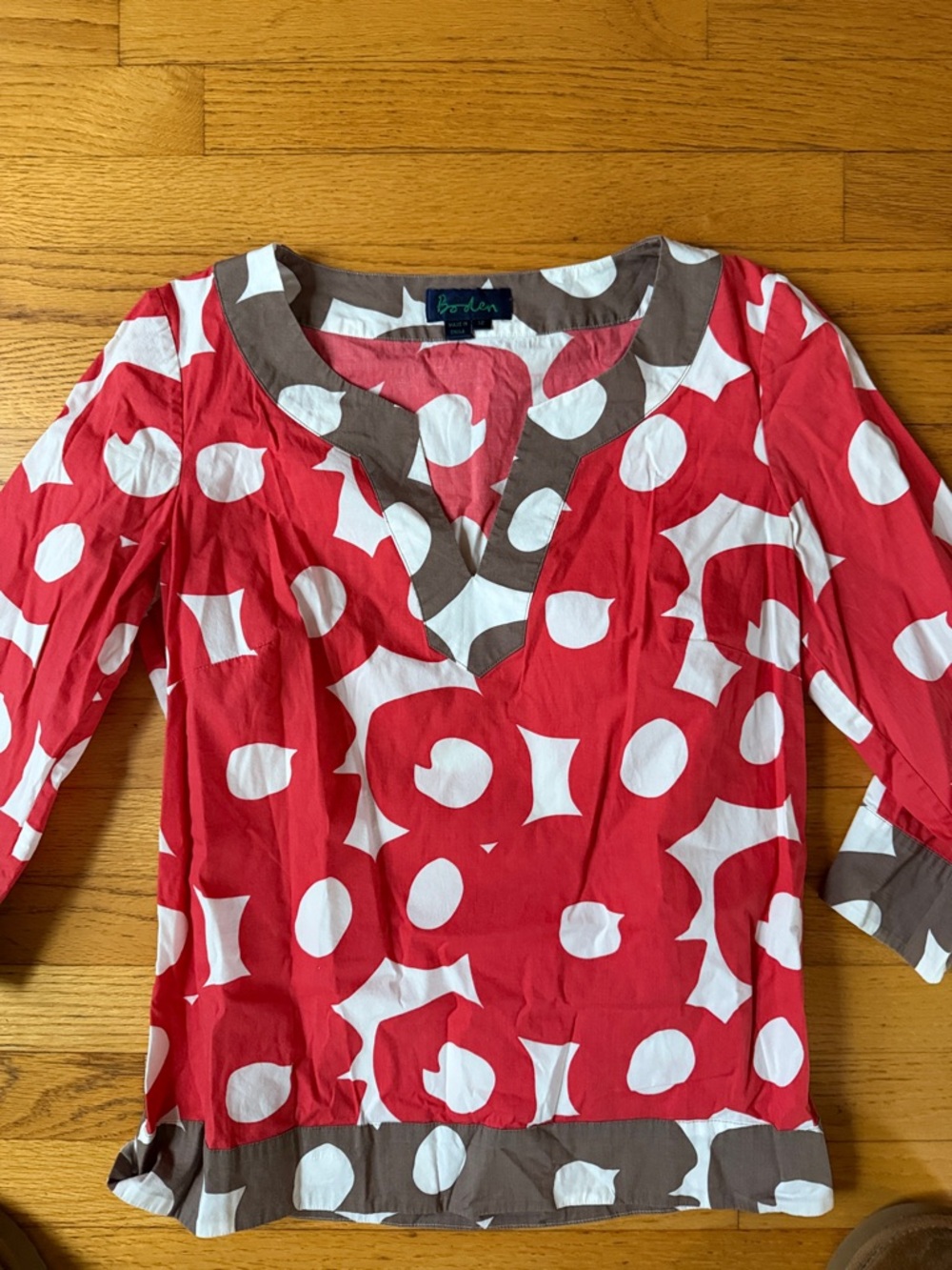 Boden Red, White and Brown Geometric Scoop-Neck Tunic